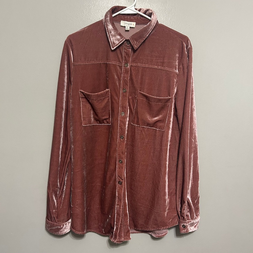 Umgee Button Down Shirt Womens XL Mauve Velvet Velour Long Sleeve Romantic Chic